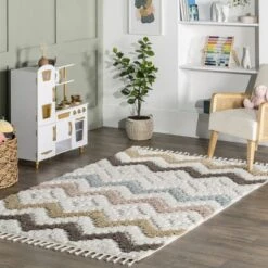 Sage Wavy Stripes Kids Tassel Area Rug