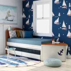 Twin Collindale Boat Design Kids' Bed With Trundle White/Oak - MiBasics