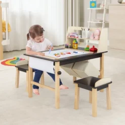 Costway Kids Art Table & Chairs Set Wooden Drawing Desk With Paper Roll Storage Shelf Bins -Kiddo Land Store GUEST 9b6e5dd0 951e 474d 8a63 48ae995e6600