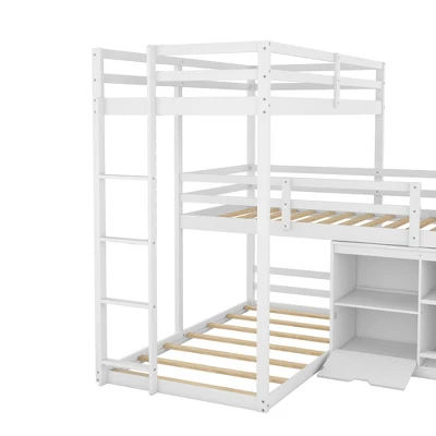 Twin Size L-shaped Wood Triple Bunk Bed With Storage Cabinet, Ladder And Blackboard-ModernLuxe 9 Twin Size L-shaped Wood Triple Bunk Bed With Storage Cabinet, Ladder And Blackboard-ModernLuxe - Image 7